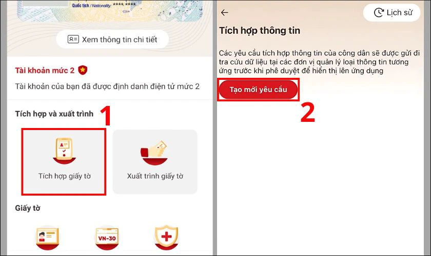Chọn T&iacute;ch hợp th&ocirc;ng tin, nhấn v&agrave;o Tạo y&ecirc;u cầu