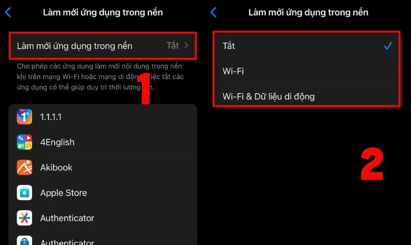 Chọn L&agrave;m mới ứng dụng trong nền rồi chọn Tắt hoặc lựa chọn chế độ ph&ugrave; hợp