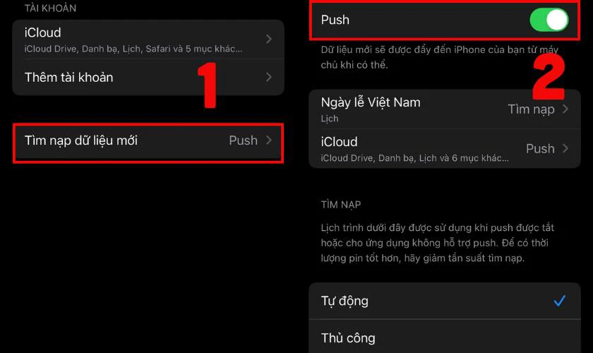 Chọn mục T&igrave;m nạp dữ liệu mới rồi tắt mục Push