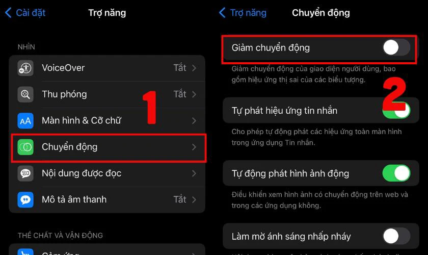 Tho&aacute;t ra v&agrave; v&agrave;o mục Chuyển động v&agrave; bật Giảm chuyển động