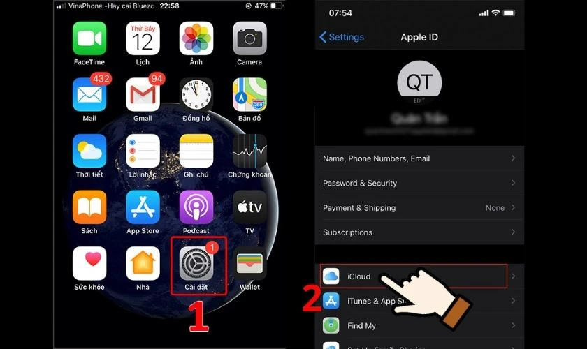 Truy cập v&agrave;o C&agrave;i đặt v&agrave; chọn Th&ocirc;ng tin t&agrave;i khoản iCloud của bạn