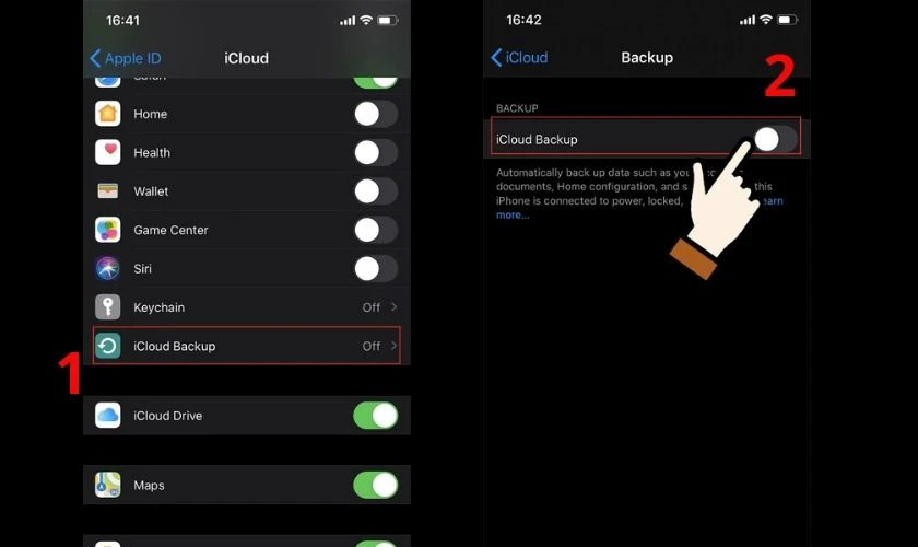 V&agrave;o iCloud Backup v&agrave; k&eacute;o n&uacute;t gạt sang tr&aacute;i cho đến khi chuyển sang m&agrave;u x&aacute;m
