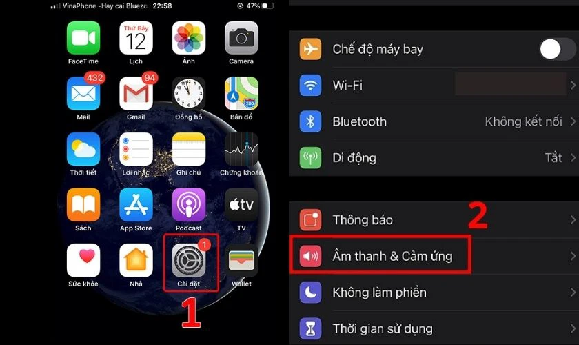 V&agrave;o C&agrave;i đặt sau đ&oacute; chọn mục &Acirc;m thanh & Cảm ứng