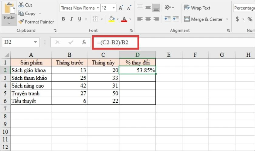 C&ocirc;ng thức t&iacute;nh tỷ lệ phần trăm thay đổi của 2 cột trong Excel 