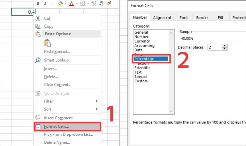 Hoặc chọn v&agrave;o Format Cells để định dạng dữ liệu phần trăm 