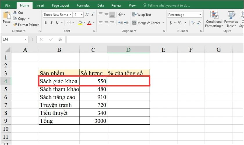 C&aacute;ch t&iacute;nh tỷ lệ phần trăm một gi&aacute; trị trong tổng trong Excel 