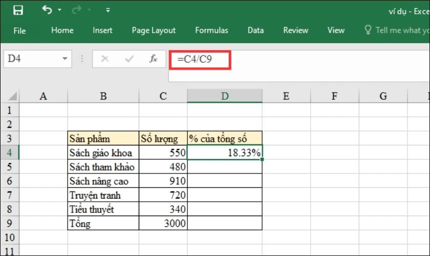 C&aacute;ch t&iacute;nh phần trăm trong Excel 