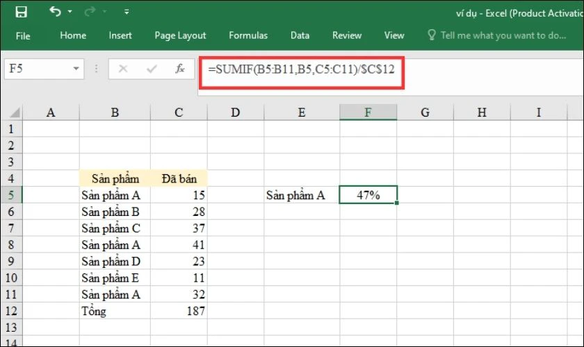 C&aacute;ch t&iacute;nh tỷ lệ phần trăm của nhiều h&agrave;ng trong Excel