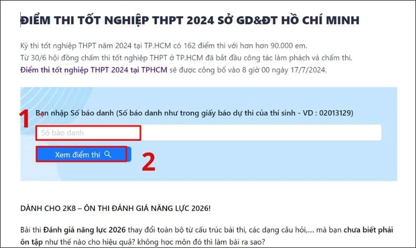 Nhập Số báo danh và xem điểm thi