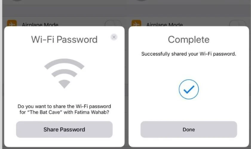 chọn v&agrave;o Chia sẻ mật khẩu (Share Password), chọn Xong (Done)