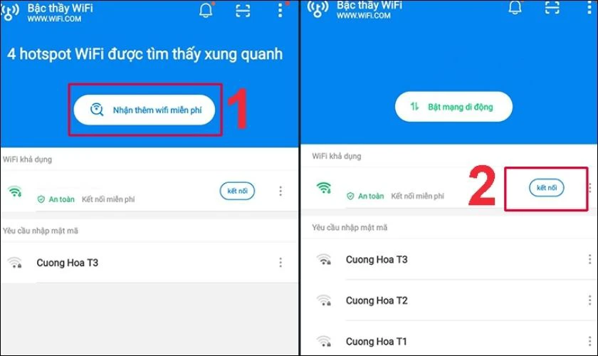 Sau đ&oacute;, chọn Kết nối tại nguồn mạng khả dụng m&agrave; ứng dụng t&igrave;m ra