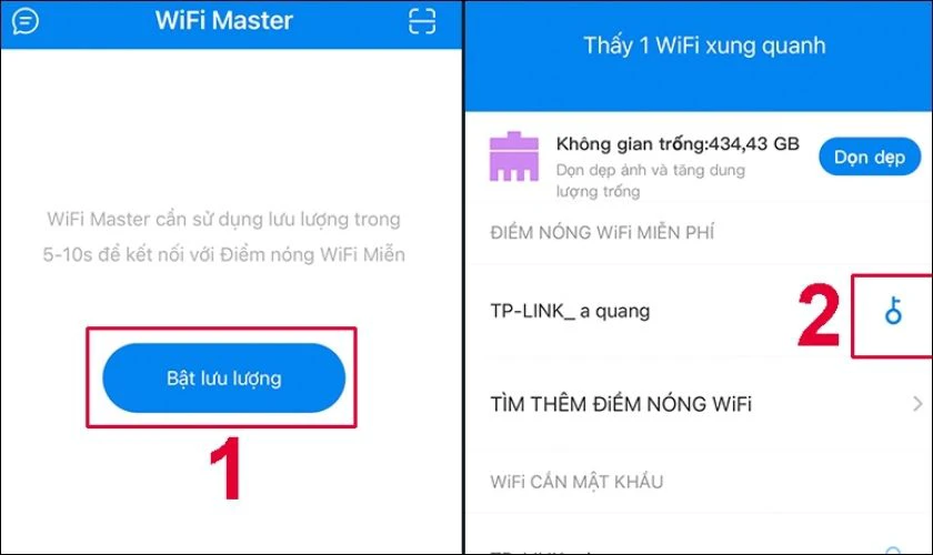 Chọn Bật lưu lượng, ứng dụng sẽ tự động t&igrave;m nguồn kết nối. Sau đ&oacute;, tại điểm Wi-Fi bạn muốn kết nối, chọn biểu tượng ch&igrave;a kh&oacute;a