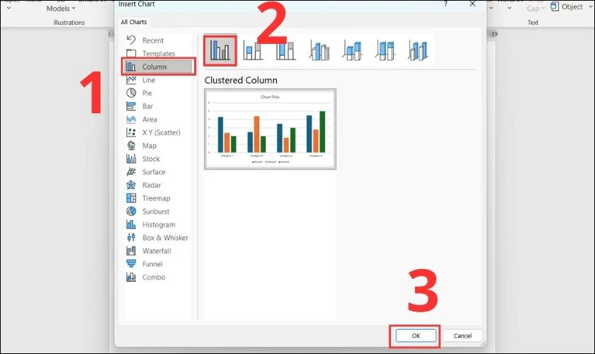 Chọn Column (cột) v&agrave; click chuột v&agrave;o biểu đồ cột m&agrave; bạn cần vẽ