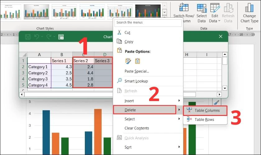 Click chuột phải chọn Delete v&agrave; nhấn tiếp Table Column