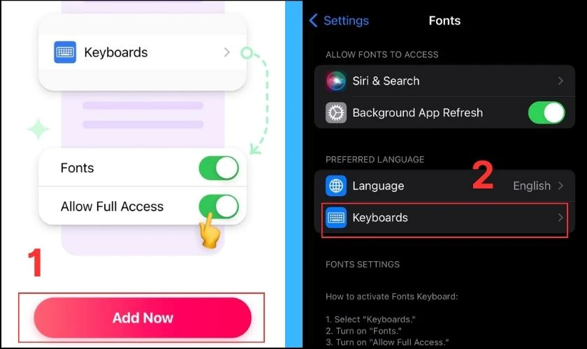 Nhấn chọn Keyboards và chọn Allow Full Access