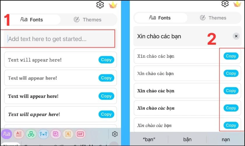 Nhập nội dung vào ô Add text here to get start và chọn Copy