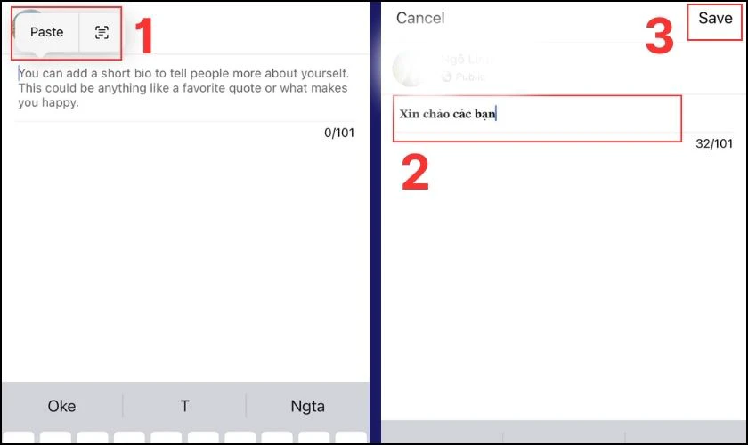 Chọn Paste để dán nội dung trên tiểu sử Facebook