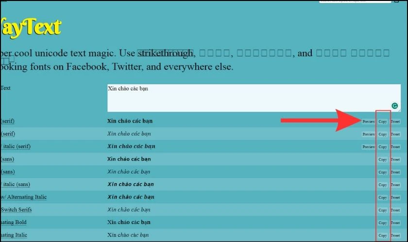Nhấn nút Copy để sao chép văn bản có chữ kiểu khác