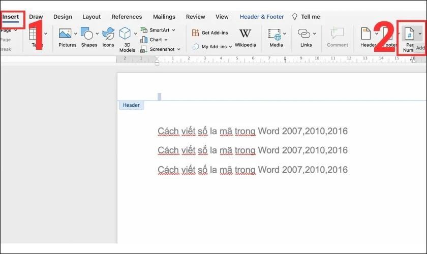 Ch&egrave;n số la m&atilde; đầu trang Word 2010, 2016 