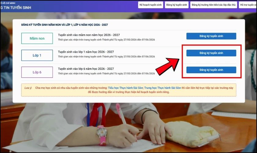 Chọn mục cần đăng ký tuyển sinh