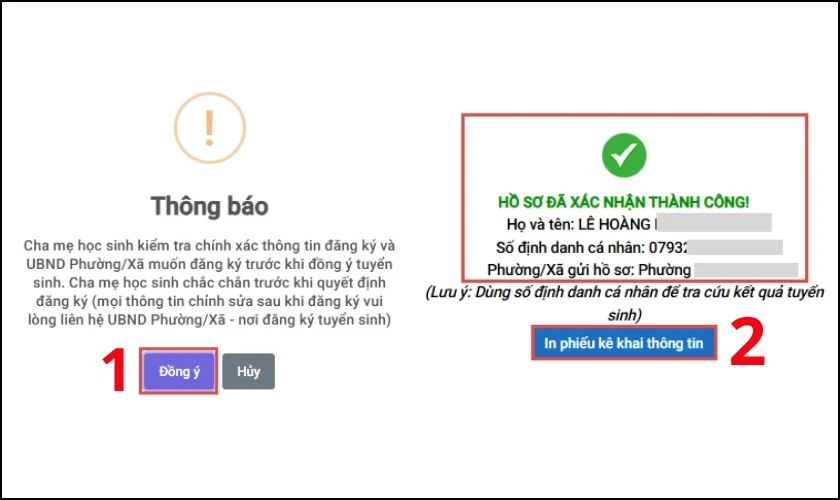 Lưu thông tin xác nhận thành công
