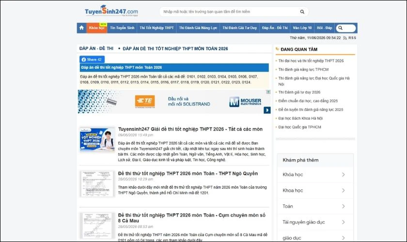 Theo dõi đáp án đề thi Toán THPT trên website tuyensinh247.com