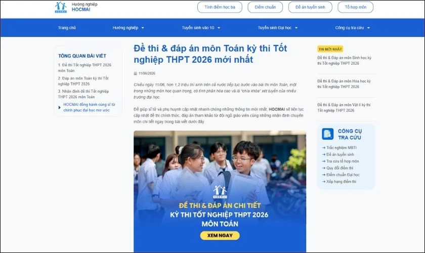 Tra cứu đáp án đề thi Toán 2026 trên huongnghiep.hocmai.vn