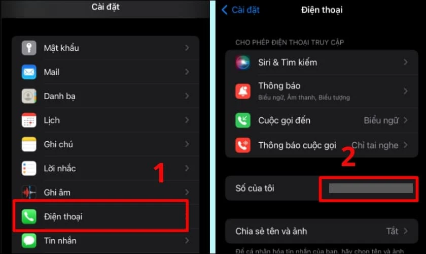 Mở ứng dụng C&agrave;i đặt, chọn Điện thoại, sau đ&oacute; chọn Số của t&ocirc;i