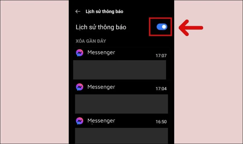 Nhấp vào thanh kéo để bật Lịch sử thông báo