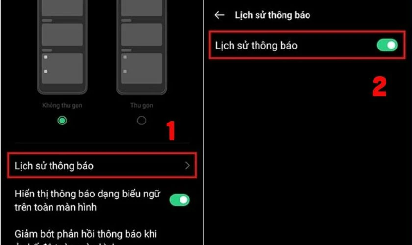 Kiểm tra xem điện thoại của bạn c&oacute; t&ugrave;y chọn Lịch sử th&ocirc;ng b&aacute;o