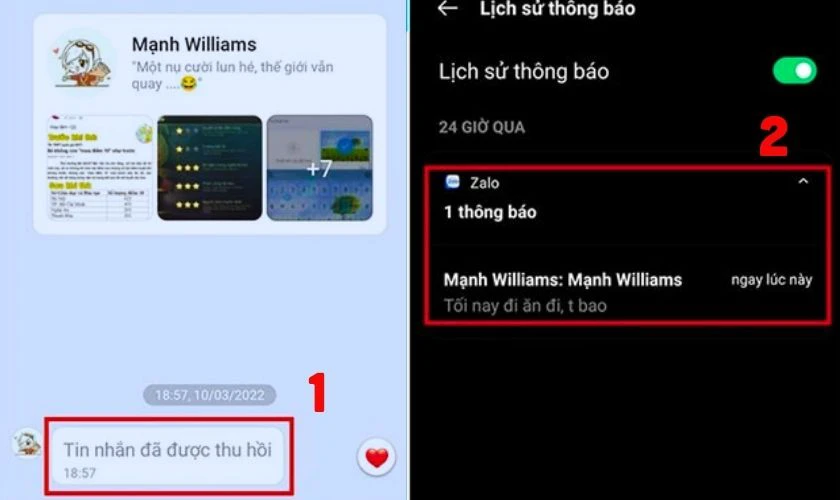 Khi c&oacute; tin nhắn bị thu hồi tr&ecirc;n Zalo, bạn c&oacute; thể v&agrave;o Lịch sử th&ocirc;ng b&aacute;o để xem lại nội dung tin nhắn