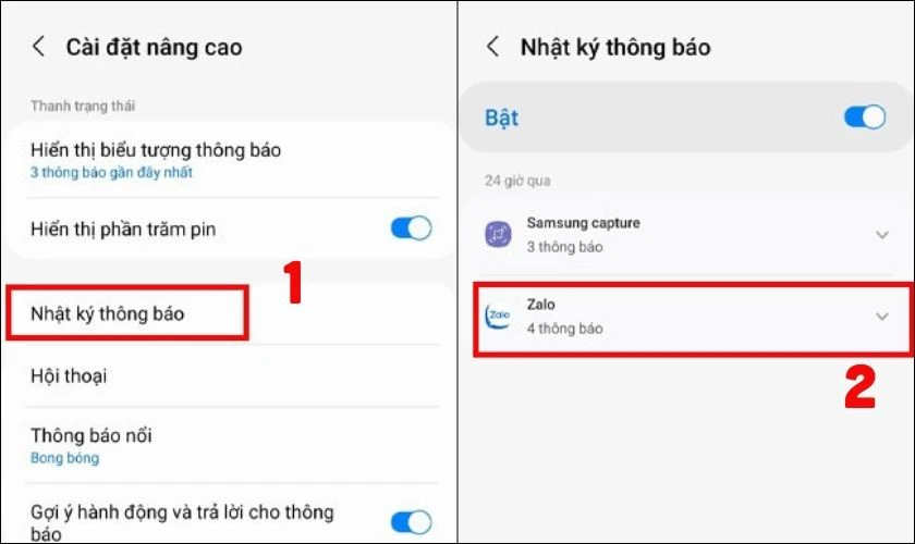 Bạn sẽ tiếp tục chọn v&agrave;o mục Nhật k&yacute; th&ocirc;ng b&aacute;o v&agrave; gạt thanh sang ngang để bật