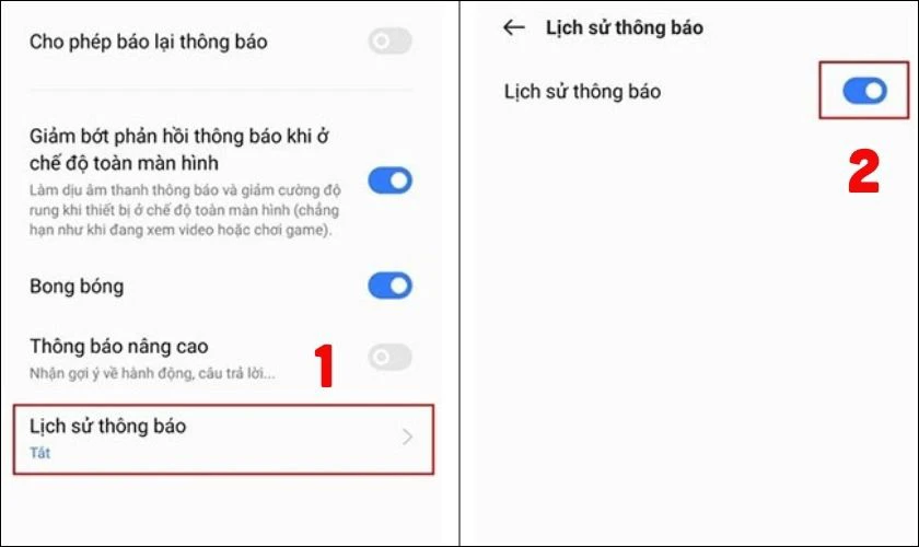 Tiếp theo bạn chọn v&agrave;o mục Lịch sử th&ocirc;ng b&aacute;o v&agrave; chọn Bật lịch sử th&ocirc;ng b&aacute;o