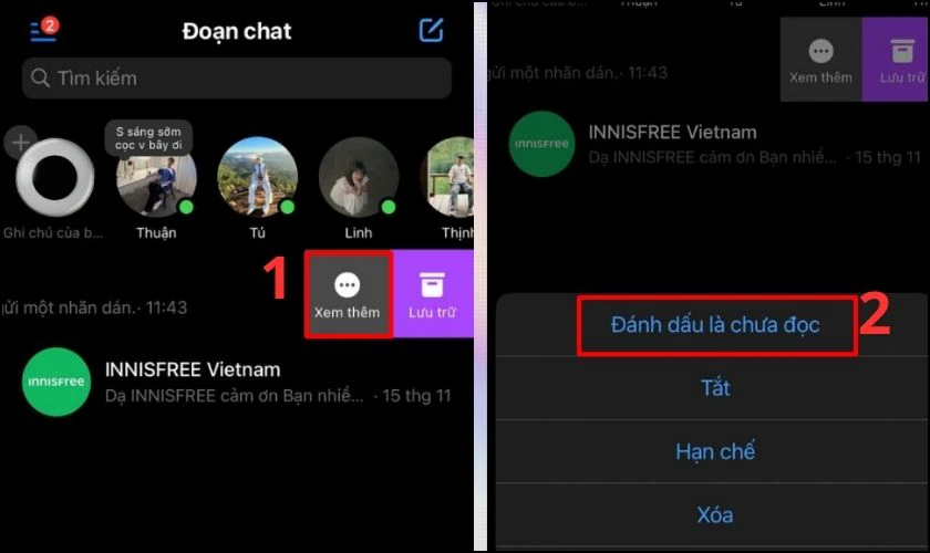 Bấm v&agrave;o Xem th&ecirc;m v&agrave; chọn Đ&aacute;nh dấu l&agrave; chưa đọc