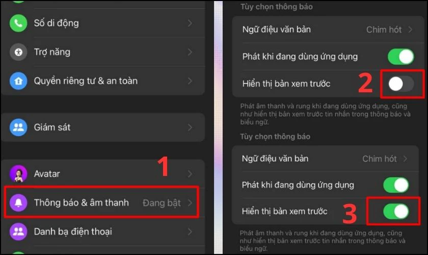 Chọn v&agrave;o Th&ocirc;ng b&aacute;o v&agrave; &acirc;m thanh, bật Hiển thị xem trước