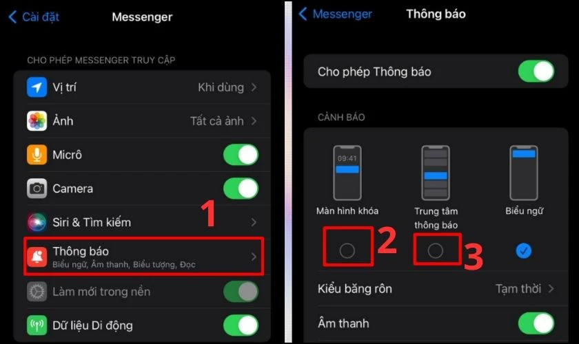 Bấm t&iacute;ch v&agrave;o 2 &ocirc; M&agrave;n h&igrave;nh kh&oacute;a v&agrave; Trung t&acirc;m th&ocirc;ng b&aacute;o