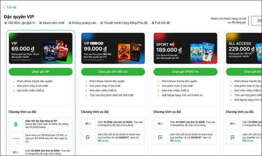 Chọn g&oacute;i VIP ph&ugrave; hợp, thanh to&aacute;n qua v&iacute; điện tử, thẻ ng&acirc;n h&agrave;ng hoặc qua nh&agrave; mạng