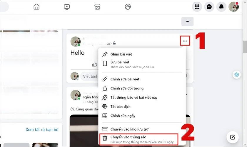 Lướt đến bài viết cần xóa và chọn Chuyển vào thùng rác