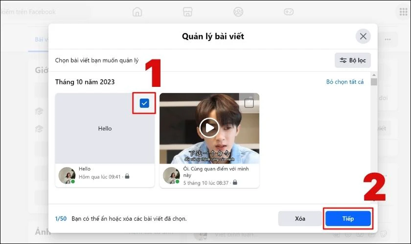 Chọn vào bài viết cần xóa và ấn chọn Tiếp theo
