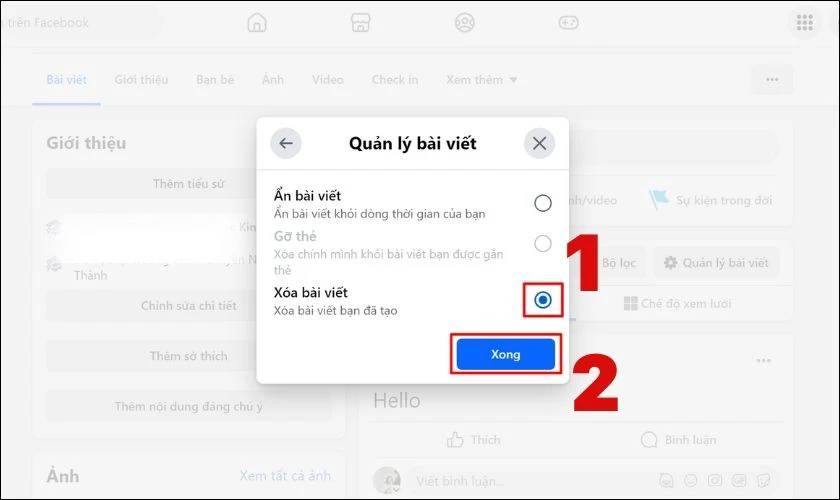 Ấn vào nút tròn mục Xóa bài viết và chọn Xong
