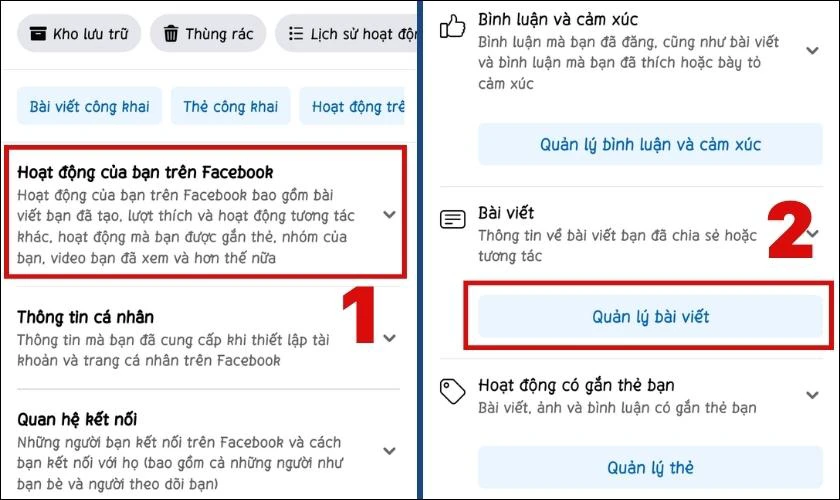 Chọn mục Hoạt động của bạn và nhấn vào Quản lý bài viết