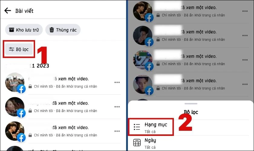 Ấn chọn Bộ lọc và nhấn vào Hạng mục