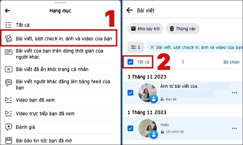 Chọn vào Bài viết, lượt check-in, ảnh và video của bạn