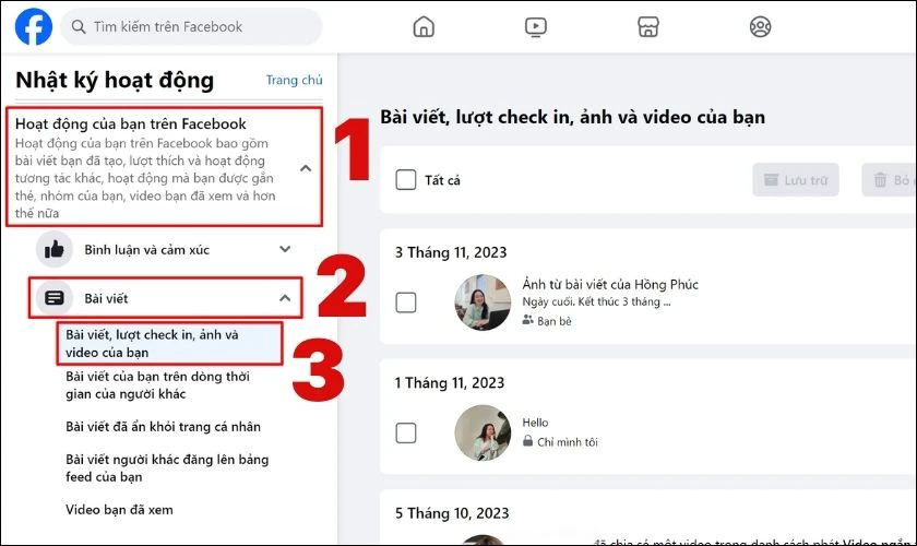 Nhấn vào Bài viết, lượt check-in, ảnh và video của bạn