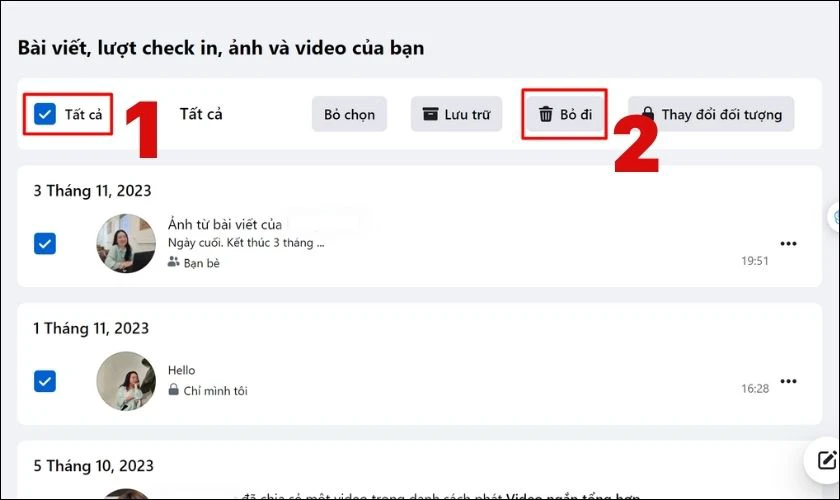 Ấn vào ô vuông Tất cả và chọn Bỏ đi