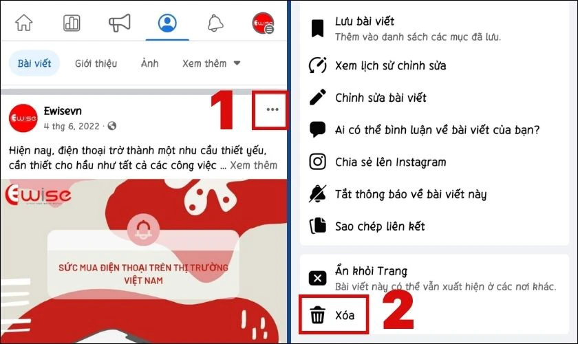 Nhấn biểu tượng ba chấm bên phải bài viết và chọn Xóa