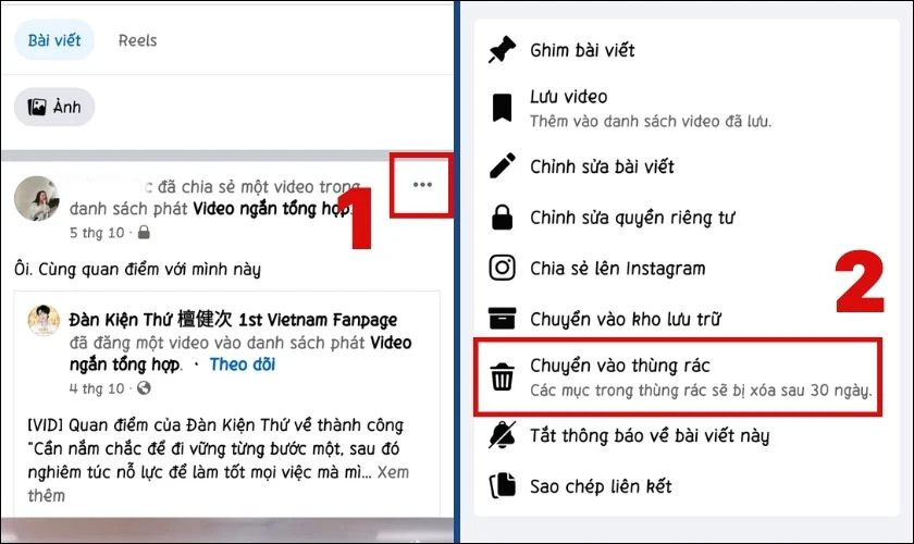 Chọn bài viết cần xóa và chọn Chuyển vào thùng rác