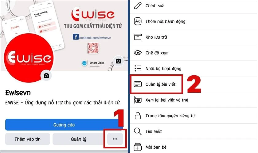 Click vào nút ba chấm và chọn Quản lý bài viết