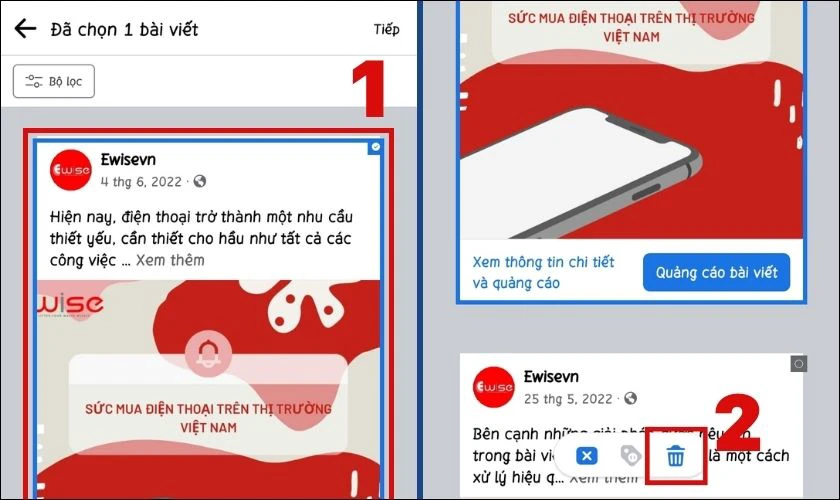 Nhấn chọn bài viết cần xóa và chọn biểu tượng Thùng rác