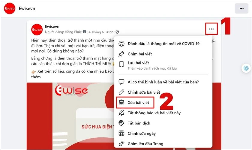 Lướt đến bài viết cần xóa và chọn Xóa bài viết